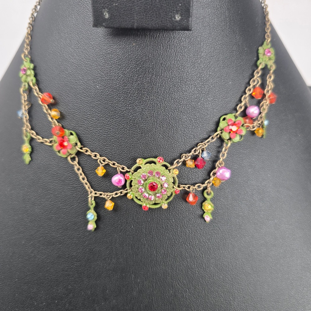 Vintage Style Floral Bib Brass Necklace Rhinestone Crystal Pearl Boho Garden 16